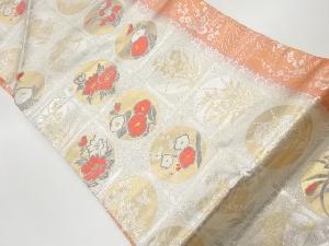 リサイクル　格子に丸文・花模様織出し名古屋帯